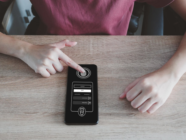 用手指在智能手机上扫描，确认身份，通过手指扫描图标获取内部信息。图片下载