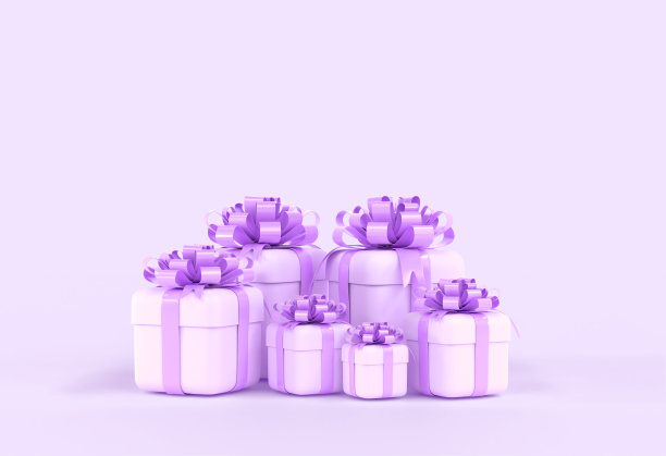 一套大大小小的白色礼盒与紫色丝带和蝴蝶结，站在工作室的粉红色背景。生日礼物，情人节礼物，圣诞节或新年礼物。假日卡片设计，网页横幅，3d渲染图片下载