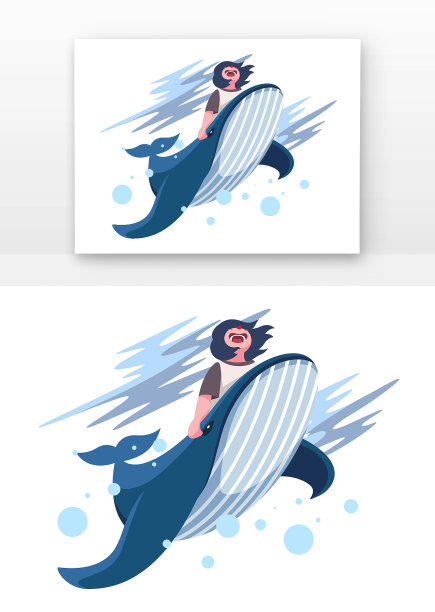 女孩趴在鲸鱼背上插画元素图片下载