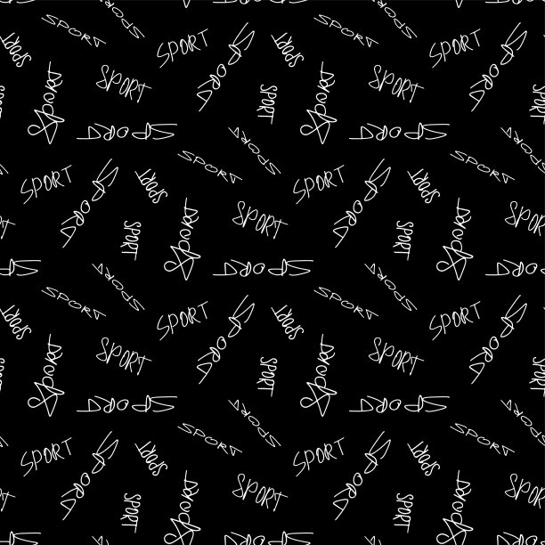 小白字体育孤立在黑色背景。单色文字无缝图案。矢量简单的平面图形手绘插图。纹理。图片下载