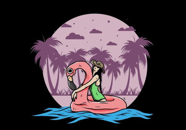 戴沙滩帽的女孩在一个充气救生圈火烈鸟插图图片下载