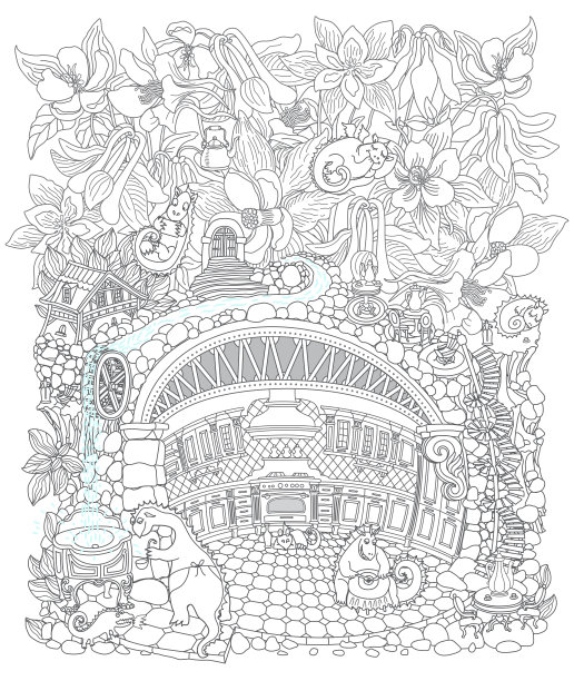 童话中的龙葵花和地下龙兽家族在古老的中世纪洞穴厨房公寓。成人涂色书图片下载