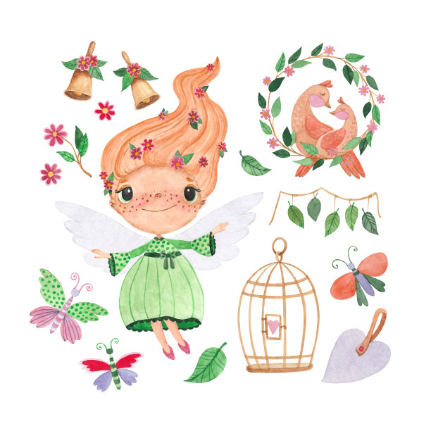 一套水彩插图与仙女，花，蝴蝶和鸟图片下载