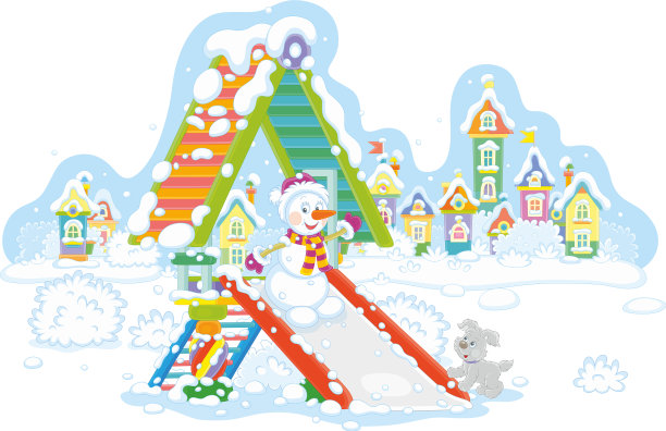 雪覆盖的公园里的滑梯上的雪人图片下载