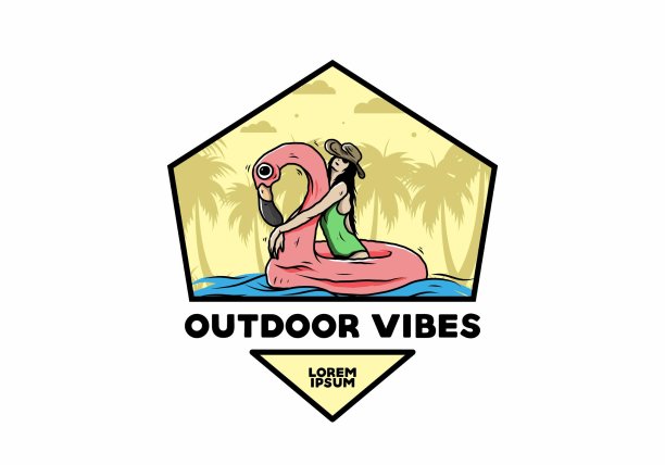 戴沙滩帽的女孩在一个充气救生圈火烈鸟插图图片下载