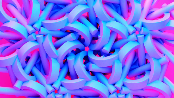 科学或技术的抽象与手杖，棍棒或棒与环在超现实对称结构飞行。抽象背景以紫色和蓝色霓虹科技结构图片下载