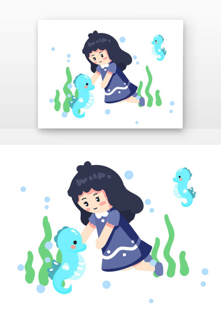 海洋日女孩与海马玩耍图片下载