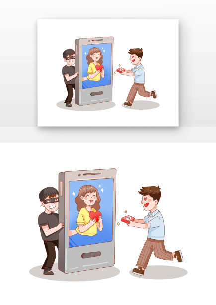 蓝色卡通网恋诈骗漫画图片下载