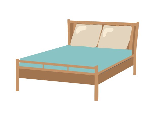 带枕头的木制双人床。家具，卧室内部元素。平面设计，手绘卡通，矢量插图。图片下载