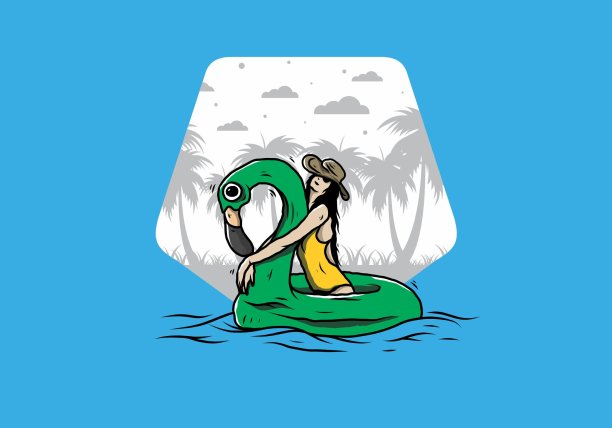 戴沙滩帽的女孩在一个充气救生圈火烈鸟插图图片下载