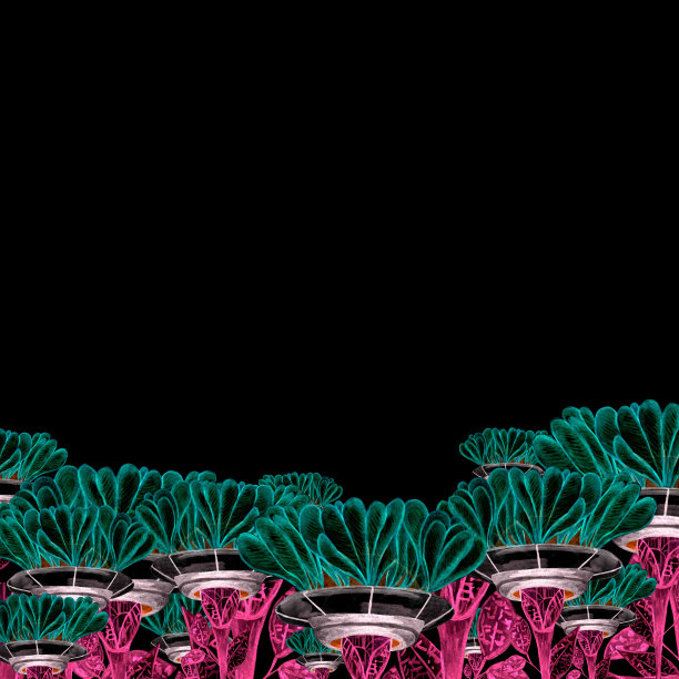 水彩模板幻想花，绿色花瓣和宇宙飞船，在黑暗的背景为您设计，插图手绘图片下载