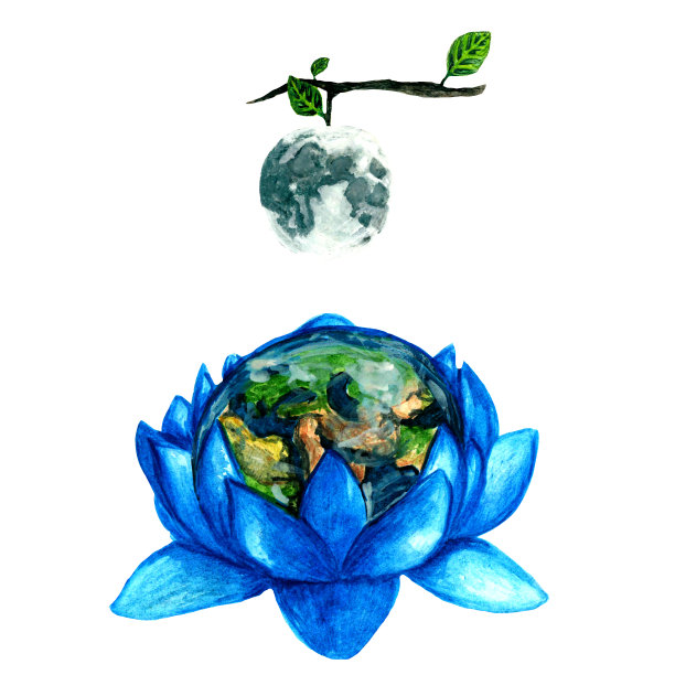 水彩地球在一个蓝色的莲花和卫星月亮在一个小枝上的白色背景孤立为您的设计，手绘插图图片下载