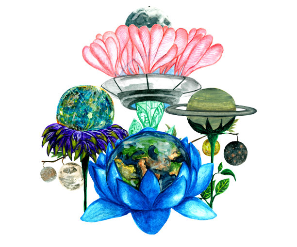 水彩幻想收集花，行星和卫星在白色背景插图为您的空间设计图片下载