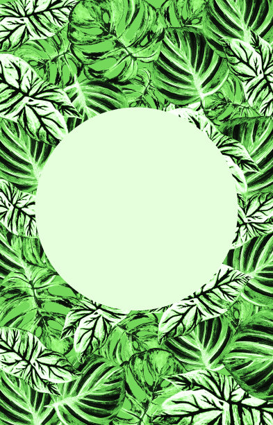 水彩模板垂直，绿色热带树叶在一个轻的背景为您的产品设计，手绘插图图片下载