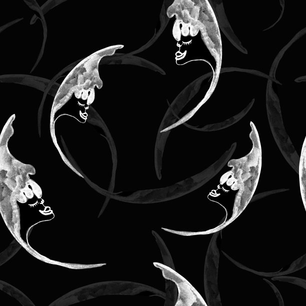 水彩图案幻想月牙月，和平女性的脸在黑暗的背景为您无缝设计，手绘插图图片下载