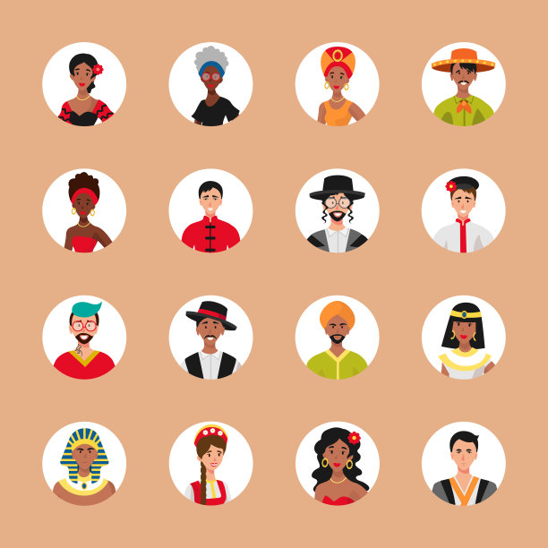 一套16个年轻人脸的圆圈头像。不同种族和民族的形象，女人和男人。用户配置文件图标的集合。圆形徽章与快乐的人-向量图片下载
