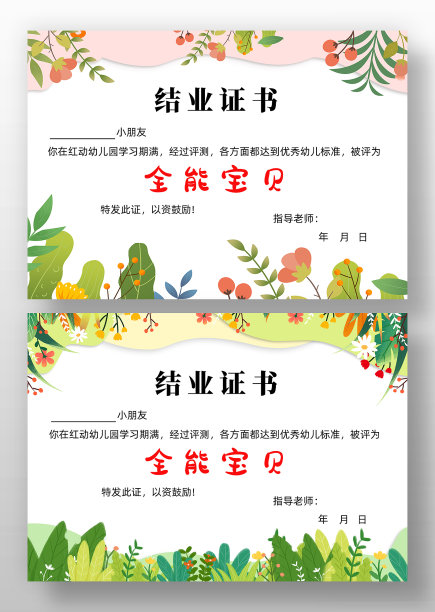 卡通风幼儿园全能宝贝结业证书图片下载