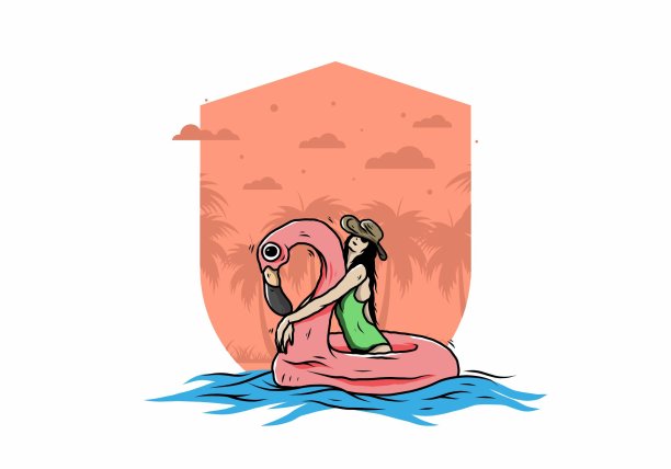 戴沙滩帽的女孩在一个充气救生圈火烈鸟插图图片下载