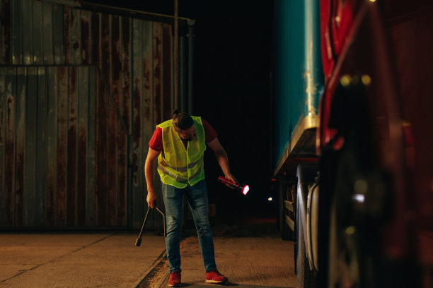 卡车司机对卡车轮胎进行例行检查图片下载