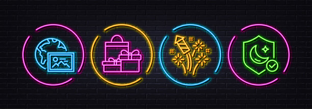 购物，网络照片和烟花火箭最小线图标。对于web应用程序，打印。霓虹激光3d灯矢量图片下载