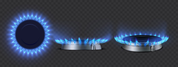 逼真的燃气燃烧器侧，顶部，和透视视图。图片下载