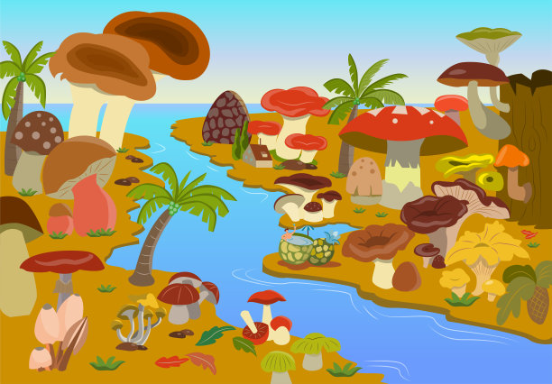 巨大的蘑菇花园在海边，是一个快乐的人度假的理想的平静的地方。图片下载