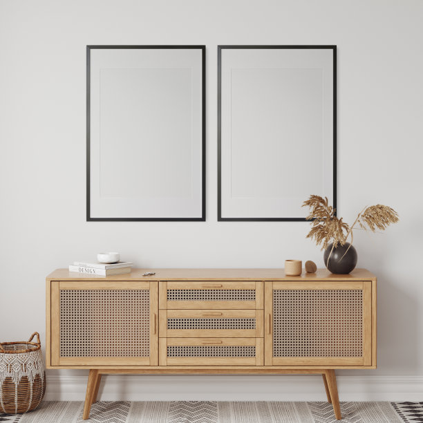 那种波西米亚风格的室内风格。客厅。框架模型。海报模型。3d渲染，3d插画图片下载