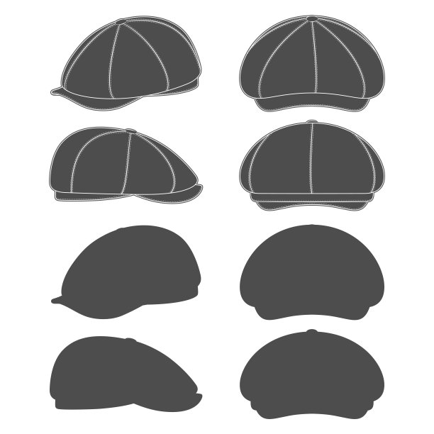 一套黑白插图与尖顶帽，草料帽，凯皮。孤立向量对象黑白插图集，带尖顶、草帽、凯皮。孤立的矢量对象在白色背景..图片下载