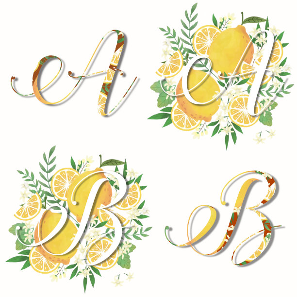 字母A和B，婚礼用字母A和B，标志，请柬，卡片等，漂亮的婚礼请柬，手绘黄柠檬。图片下载