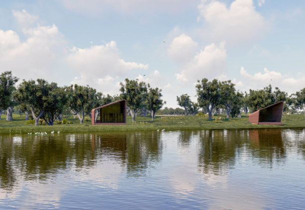 3d渲染的夏日湖边小屋图片下载