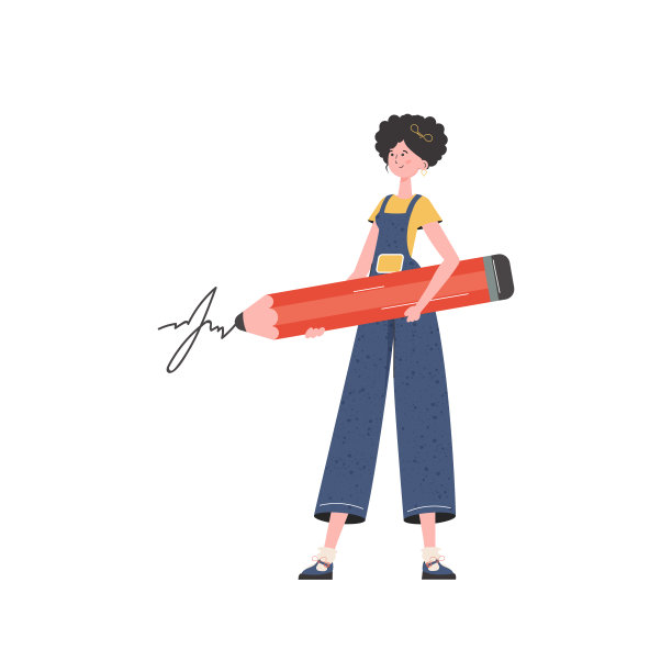 一个女人站在她的高度，在她的手中拿着一支大铅笔。孤立。元素表示。图片下载