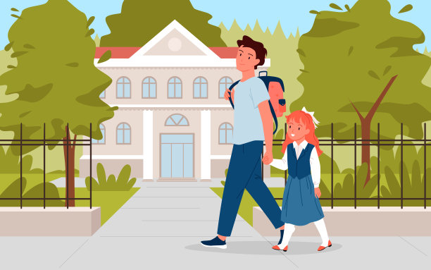 快乐的爸爸和可爱的小学生穿着校服去上学，一起走在城市的路上图片下载