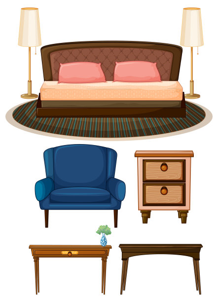 一套卧室的对象在白色背景图片下载