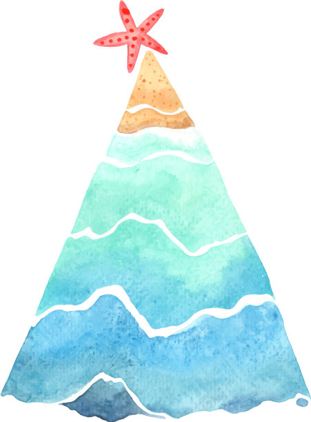 圣诞树海洋海滩与海星水彩画图片下载