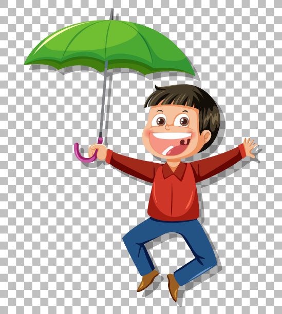 一个男孩撑着伞笑在网格背景图片下载