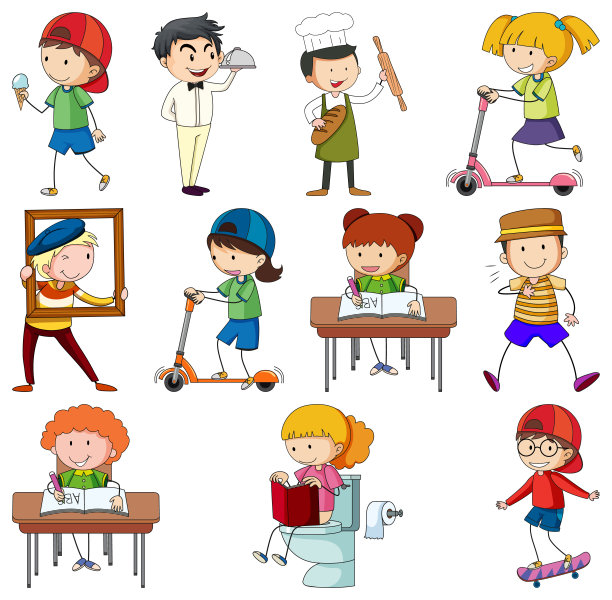 一套不同的涂鸦儿童卡通人物图片下载