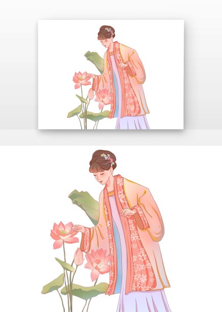 粉色的古风女人抚摸着荷花图片下载