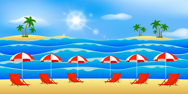 空荡荡的热带海滩，只有躺椅和阳伞。矢量图图片下载