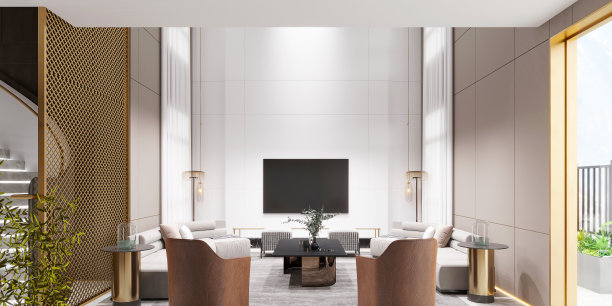 豪华住宅室内，客厅的3d渲染图片下载