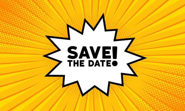 语音气泡与保存日期文本。繁荣的复古漫画风格。波普艺术风格。矢量线图标的业务和广告图片下载