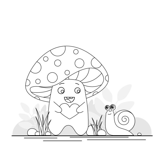 空地上有一只可爱的蘑菇、苍蝇、木耳和一只蜗牛图片下载