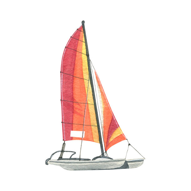 帆船，双体船，橙色和黄色的帆。从一个大的CUBA集合中分离出来的对象。装饰用水彩插图、明信片、小册子、旅游指南、广告设计。图片下载