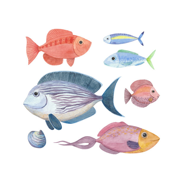 一套水彩插图与鱼图片下载