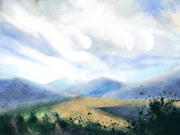 山的风景。蜡笔画。手绘插图。图片下载