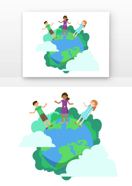 矢量三种肤色儿童站在地球上图片下载
