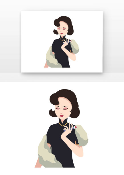 美妆的旗袍女人插画元素图片下载