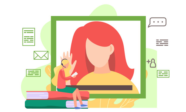 戴着耳机的女人坐在一堆书上，用视频学习，交流图片下载