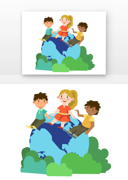 矢量卡通三个肤色儿童坐在地球上图片下载