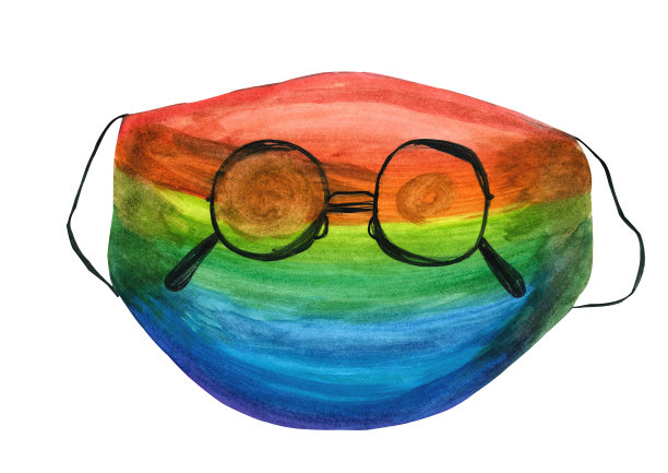 水彩插图的医疗防护口罩，彩虹颜色和护目镜在白色背景上孤立为您的设计，手绘图片下载