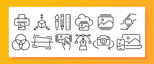 照片设置图标。打印机，3d建模，人像，滤镜，校正，框架，云存储，裁剪，效果，艺术，画笔，画廊等。摄影的概念。矢量线图标的业务图片下载